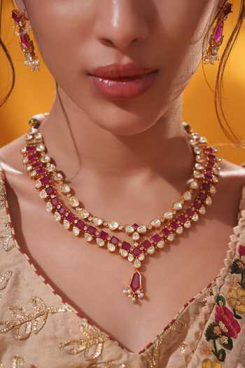 Zevar By Geeta_Red Stones, Pearls Layered Long Necklace With Earrings_Online_at_Aza_Fashions