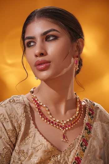 Buy_Zevar By Geeta_Red Stones, Pearls Layered Long Necklace With Earrings_Online_at_Aza_Fashions