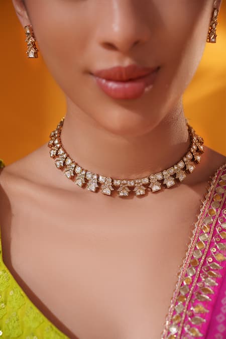 Buy_Zevar By Geeta_Gold Plated Stones Kundan And Polki Studded Necklace Set _Online_at_Aza_Fashions