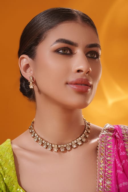 Shop_Zevar By Geeta_Gold Plated Stones Kundan And Polki Studded Necklace Set _Online_at_Aza_Fashions