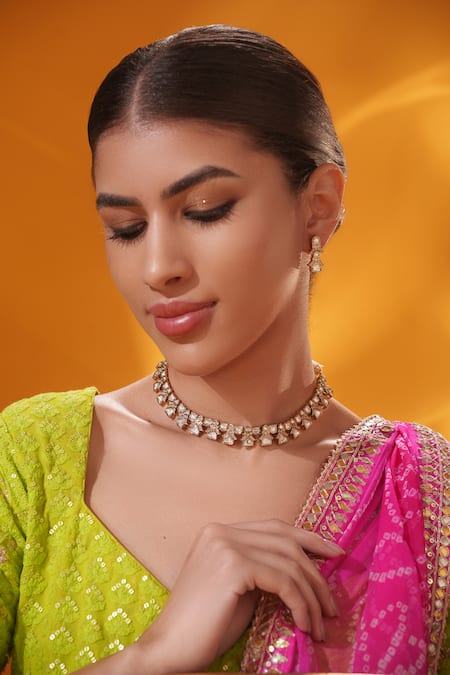 Zevar By Geeta_Gold Plated Stones Kundan And Polki Studded Necklace Set _at_Aza_Fashions