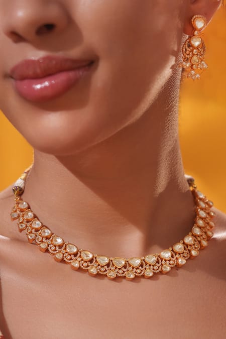 Buy Zevar By Geeta Gold Plated Beads, Stones Studded Necklace With Drop Earrings Online at Aza Fashions Buy_Zevar By Geeta_Gold Plated Beads, Stones Studded Necklace With Drop Earrings _Online_at_Aza_Fashions