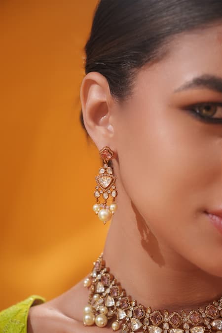 Zevar By Geeta_Gold Plated Pearls, Stones Polki Studded Necklace Set _Online_at_Aza_Fashions