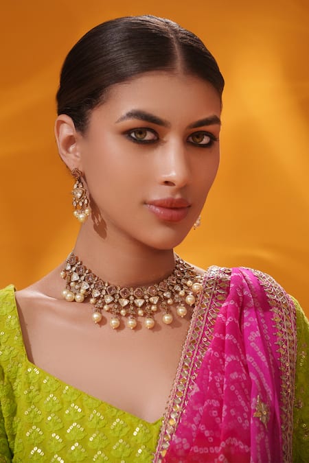 Buy_Zevar By Geeta_Gold Plated Pearls, Stones Polki Studded Necklace Set _Online_at_Aza_Fashions