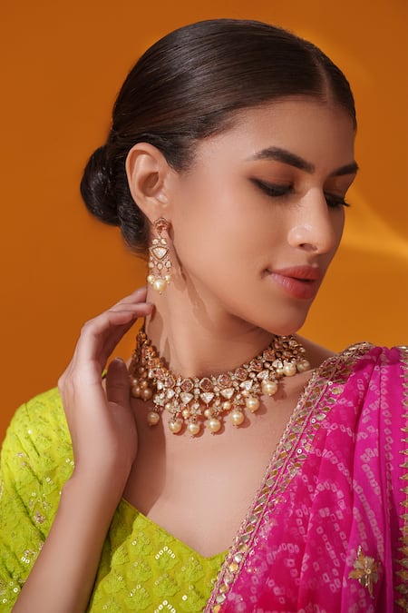 Shop_Zevar By Geeta_Gold Plated Pearls, Stones Polki Studded Necklace Set _Online_at_Aza_Fashions