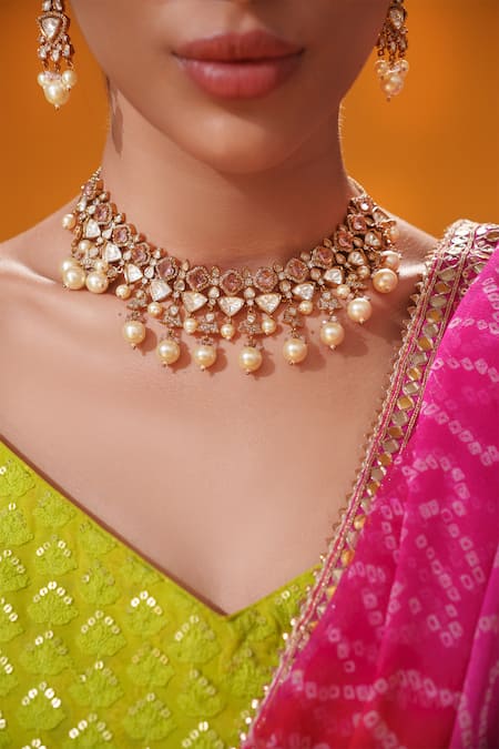 Zevar By Geeta_Gold Plated Pearls, Stones Polki Studded Necklace Set _at_Aza_Fashions