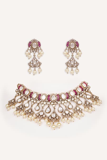 Shop Zevar By Geeta Gold Plated Beads, Pearls, Stones And Drop Embellished Necklace Set at Aza Fashions Shop_Zevar By Geeta_Gold Plated Beads, Pearls, Stones And Drop Embellished Necklace Set _at_Aza_Fashions