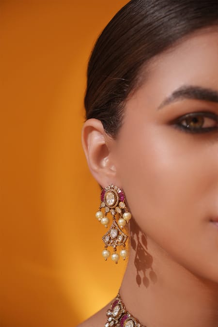 Zevar By Geeta Gold Plated Beads, Pearls, Stones And Drop Embellished Necklace Set Online at Aza Fashions Zevar By Geeta_Gold Plated Beads, Pearls, Stones And Drop Embellished Necklace Set _Online_at_Aza_Fashions