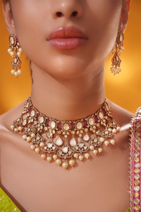 Buy Zevar By Geeta Gold Plated Beads, Pearls, Stones And Drop Embellished Necklace Set Online at Aza Fashions Buy_Zevar By Geeta_Gold Plated Beads, Pearls, Stones And Drop Embellished Necklace Set _Online_at_Aza_Fashions
