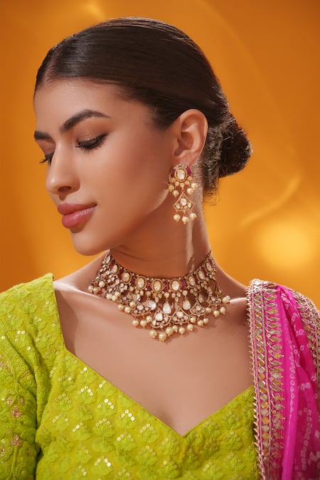 Shop Zevar By Geeta Gold Plated Beads, Pearls, Stones And Drop Embellished Necklace Set Online at Aza Fashions Shop_Zevar By Geeta_Gold Plated Beads, Pearls, Stones And Drop Embellished Necklace Set _Online_at_Aza_Fashions