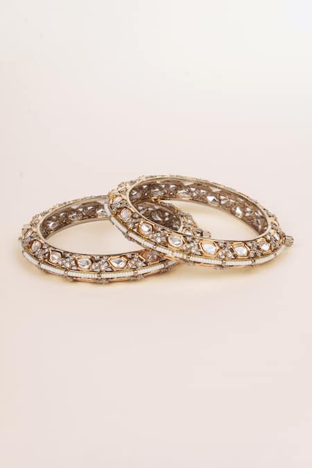 Zevar By Geeta Gold Plated Stones, Beads Kundan And Polki Studded Bangles - Set Of 2 