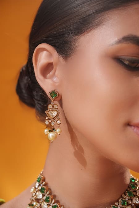 Zevar By Geeta_Gold Plated Gemstones, Pearls, Bead Drop And Studded Necklace Set _Online_at_Aza_Fashions