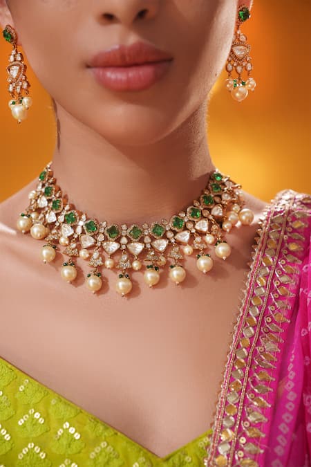 Buy_Zevar By Geeta_Gold Plated Gemstones, Pearls, Bead Drop And Studded Necklace Set _Online_at_Aza_Fashions