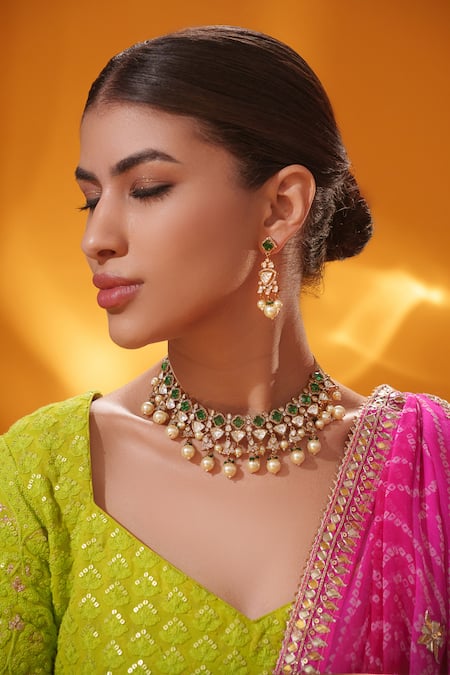 Shop_Zevar By Geeta_Gold Plated Gemstones, Pearls, Bead Drop And Studded Necklace Set _Online_at_Aza_Fashions