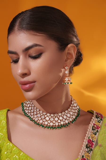 Buy_Zevar By Geeta_Gold Plated Pearls, Stones Kundan Necklace With Earrings _Online_at_Aza_Fashions