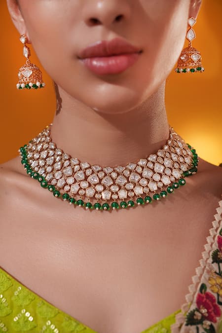 Shop_Zevar By Geeta_Gold Plated Pearls, Stones Kundan Necklace With Earrings _Online_at_Aza_Fashions