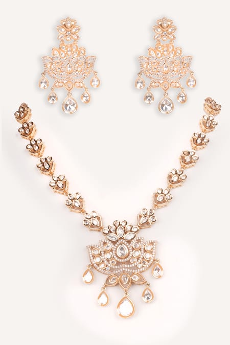 Shop Zevar By Geeta Gold Plated Stones, Pearls Kundan Studded Necklace With Earrings at Aza Fashions Shop_Zevar By Geeta_Gold Plated Stones, Pearls Kundan Studded Necklace With Earrings _at_Aza_Fashions