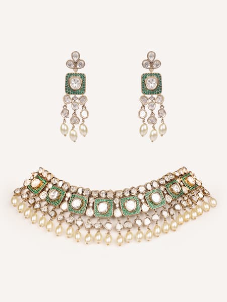 Shop Zevar By Geeta Green Pearls, Stones Kundan And Polki Embellished Necklace Set at Aza Fashions Shop_Zevar By Geeta_Green Pearls, Stones Kundan And Polki Embellished Necklace Set _at_Aza_Fashions