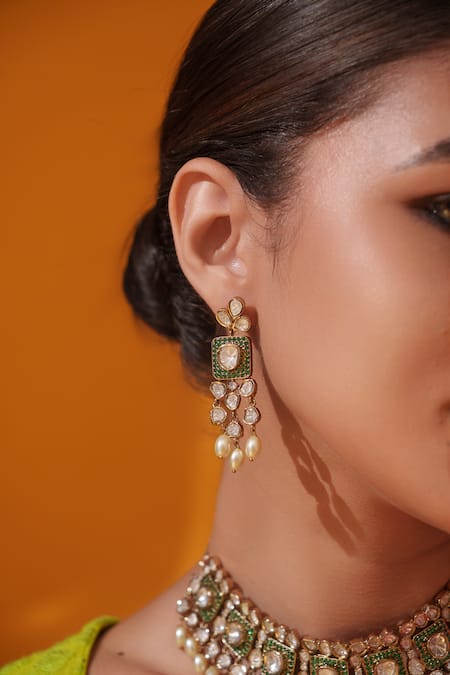 Zevar By Geeta Green Pearls, Stones Kundan And Polki Embellished Necklace Set Online at Aza Fashions Zevar By Geeta_Green Pearls, Stones Kundan And Polki Embellished Necklace Set _Online_at_Aza_Fashions