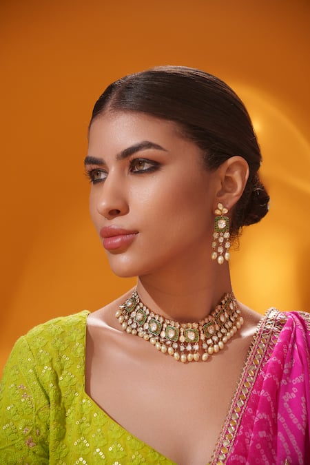 Buy Zevar By Geeta Green Pearls, Stones Kundan And Polki Embellished Necklace Set Online at Aza Fashions Buy_Zevar By Geeta_Green Pearls, Stones Kundan And Polki Embellished Necklace Set _Online_at_Aza_Fashions
