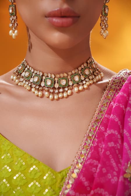 Shop Zevar By Geeta Green Pearls, Stones Kundan And Polki Embellished Necklace Set Online at Aza Fashions Shop_Zevar By Geeta_Green Pearls, Stones Kundan And Polki Embellished Necklace Set _Online_at_Aza_Fashions
