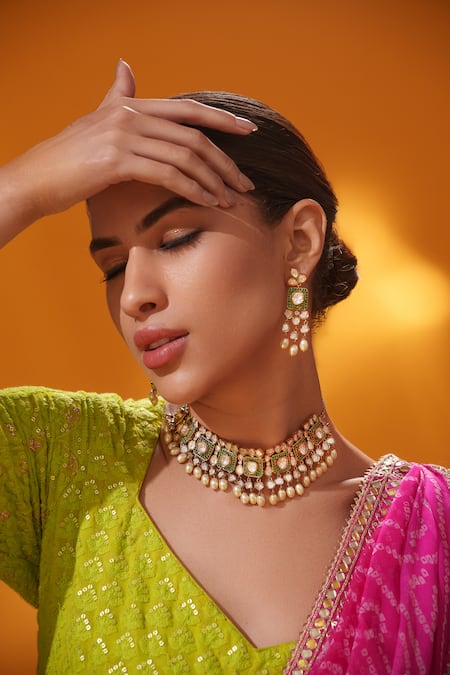 Zevar By Geeta Green Pearls, Stones Kundan And Polki Embellished Necklace Set at Aza Fashions Zevar By Geeta_Green Pearls, Stones Kundan And Polki Embellished Necklace Set _at_Aza_Fashions