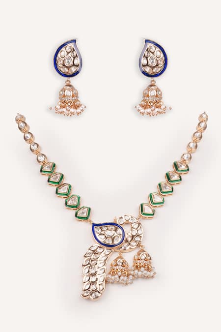 Shop Zevar By Geeta Multi Color Pearls, Stones Kundan Necklace With Earrings at Aza Fashions Shop_Zevar By Geeta_Multi Color Pearls, Stones Kundan Necklace With Earrings _at_Aza_Fashions