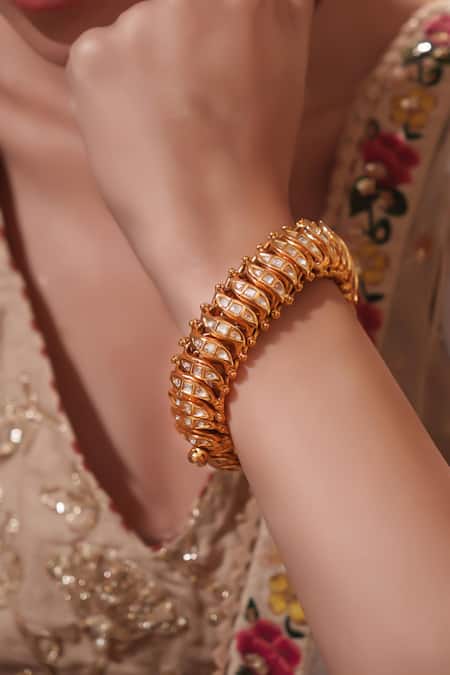Zevar By Geeta_Gold Plated Stones Polki And Kundan Studded Bracelet _Online_at_Aza_Fashions