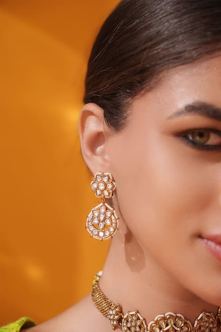 Zevar By Geeta Gold Plated Stones, Pearls Floral Carved Choker Set Online at Aza Fashions Zevar By Geeta_Gold Plated Stones, Pearls Floral Carved Choker Set _Online_at_Aza_Fashions