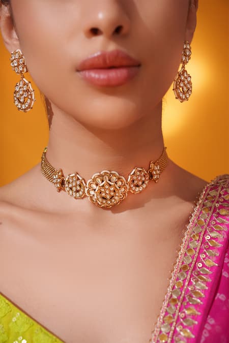 Buy Zevar By Geeta Gold Plated Stones, Pearls Floral Carved Choker Set Online at Aza Fashions Buy_Zevar By Geeta_Gold Plated Stones, Pearls Floral Carved Choker Set _Online_at_Aza_Fashions
