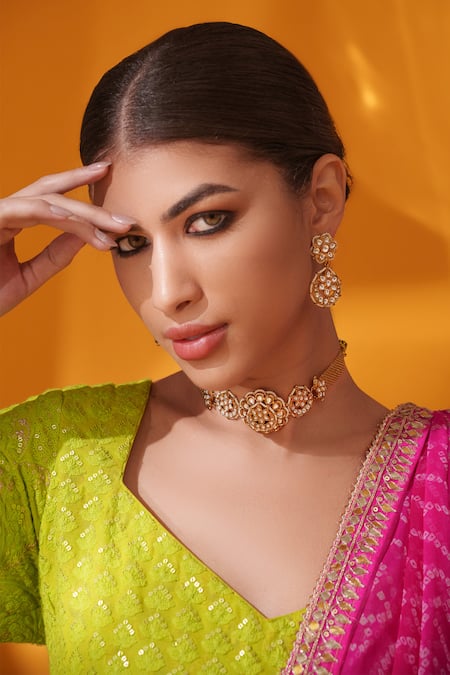 Shop Zevar By Geeta Gold Plated Stones, Pearls Floral Carved Choker Set Online at Aza Fashions Shop_Zevar By Geeta_Gold Plated Stones, Pearls Floral Carved Choker Set _Online_at_Aza_Fashions