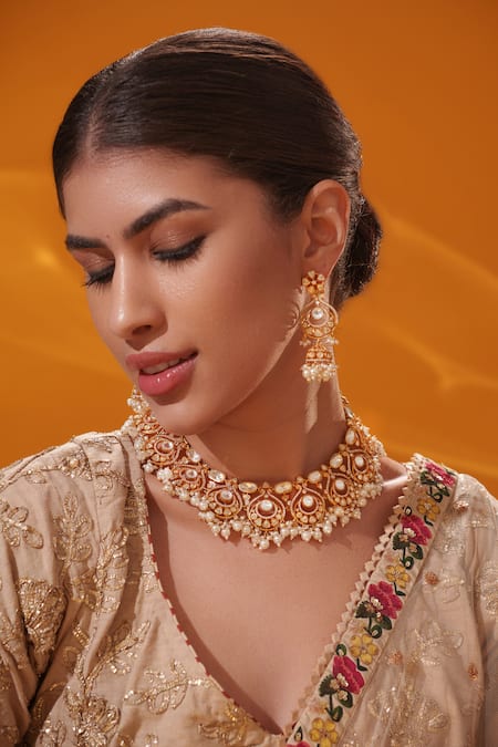 Zevar By Geeta_Gold Plated Stones, Pearls Cluster Bead Drop Necklace Set _Online_at_Aza_Fashions