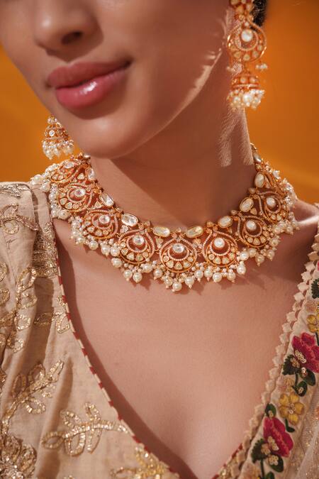 Buy_Zevar By Geeta_Gold Plated Stones, Pearls Cluster Bead Drop Necklace Set _Online_at_Aza_Fashions