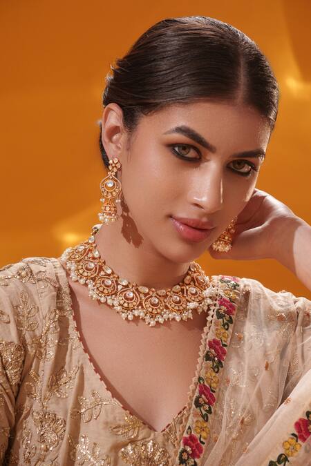 Shop_Zevar By Geeta_Gold Plated Stones, Pearls Cluster Bead Drop Necklace Set _Online_at_Aza_Fashions