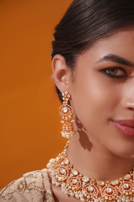 Zevar By Geeta_Gold Plated Stones, Pearls Cluster Bead Drop Necklace Set _at_Aza_Fashions