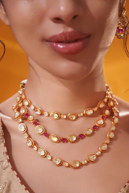 Buy_Zevar By Geeta_Gold Plated Stones Layered Embellished Necklace Set _Online_at_Aza_Fashions