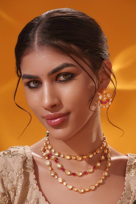 Shop_Zevar By Geeta_Gold Plated Stones Layered Embellished Necklace Set _Online_at_Aza_Fashions