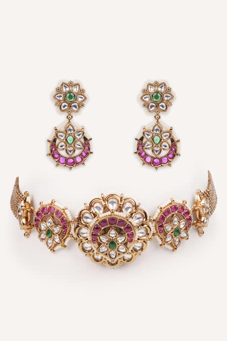 Shop Zevar By Geeta Multi Color Stones, Pearls Floral Carved Choker With Earrings at Aza Fashions Shop_Zevar By Geeta_Multi Color Stones, Pearls Floral Carved Choker With Earrings _at_Aza_Fashions