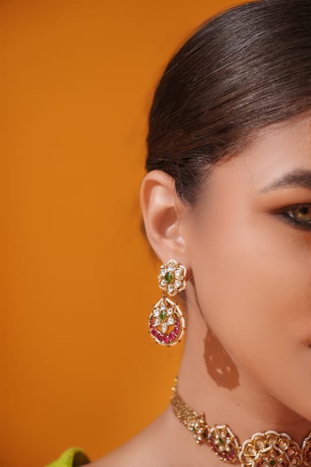 Zevar By Geeta Multi Color Stones, Pearls Floral Carved Choker With Earrings Online at Aza Fashions Zevar By Geeta_Multi Color Stones, Pearls Floral Carved Choker With Earrings _Online_at_Aza_Fashions