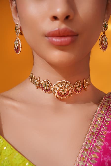 Buy Zevar By Geeta Multi Color Stones, Pearls Floral Carved Choker With Earrings Online at Aza Fashions Buy_Zevar By Geeta_Multi Color Stones, Pearls Floral Carved Choker With Earrings _Online_at_Aza_Fashions