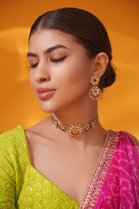 Shop Zevar By Geeta Multi Color Stones, Pearls Floral Carved Choker With Earrings Online at Aza Fashions Shop_Zevar By Geeta_Multi Color Stones, Pearls Floral Carved Choker With Earrings _Online_at_Aza_Fashions