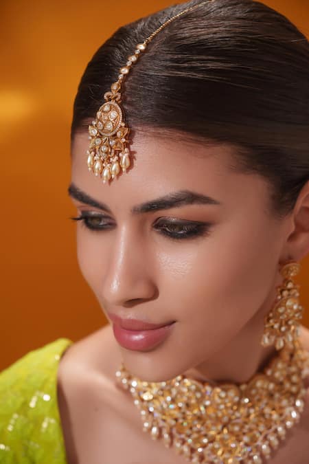 Zevar By Geeta_Gold Plated Pearls, Stones Kundan Necklace Set _Online_at_Aza_Fashions