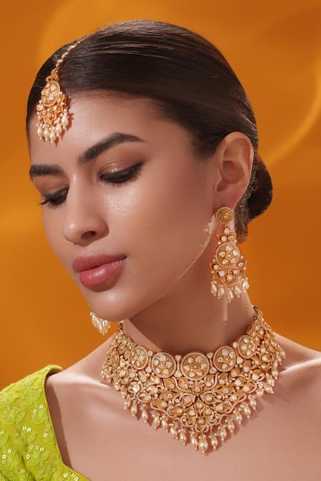 Buy_Zevar By Geeta_Gold Plated Pearls, Stones Kundan Necklace Set _Online_at_Aza_Fashions