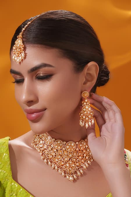 Shop_Zevar By Geeta_Gold Plated Pearls, Stones Kundan Necklace Set _Online_at_Aza_Fashions