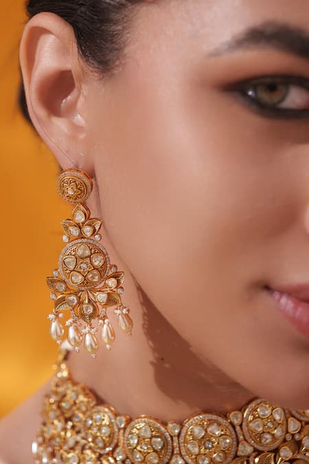 Zevar By Geeta_Gold Plated Pearls, Stones Kundan Necklace Set _at_Aza_Fashions