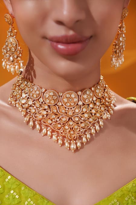 Buy_Zevar By Geeta_Gold Plated Pearls, Stones Kundan Necklace Set 