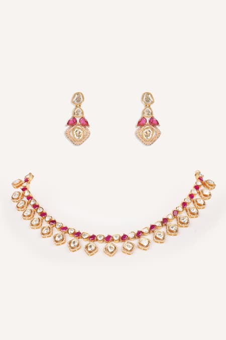 Zevar By Geeta Red Stone Embellished Necklace Set