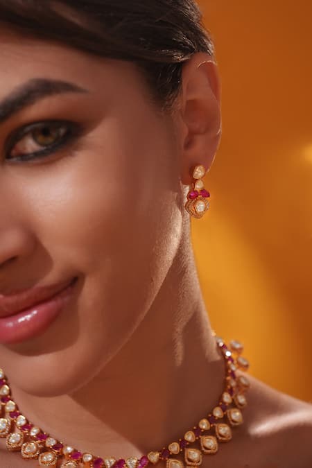 Zevar By Geeta Gold Plated Crystals, Stones Red Embellished Necklace Set Online at Aza Fashions Zevar By Geeta_Gold Plated Crystals, Stones Red Embellished Necklace Set _Online_at_Aza_Fashions