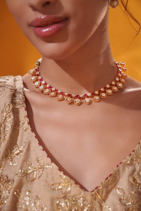 Shop Zevar By Geeta Gold Plated Crystals, Stones Red Embellished Necklace Set Online at Aza Fashions Shop_Zevar By Geeta_Gold Plated Crystals, Stones Red Embellished Necklace Set _Online_at_Aza_Fashions