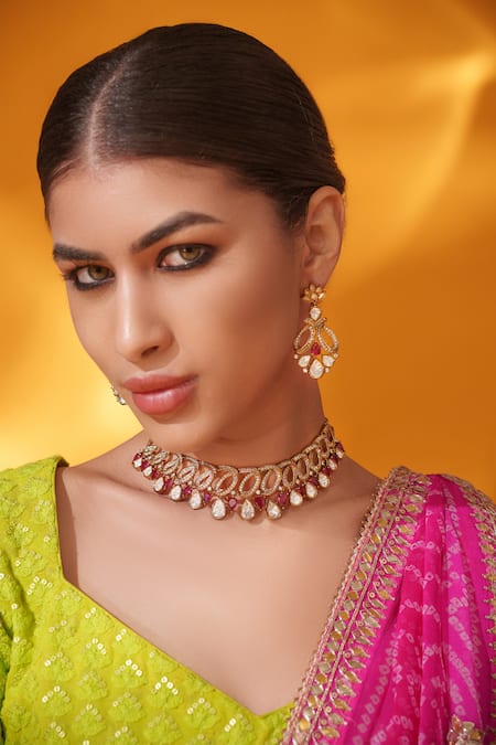 Shop_Zevar By Geeta_Gold Plated Stones Cutout And Teardrop Necklace Set _Online_at_Aza_Fashions